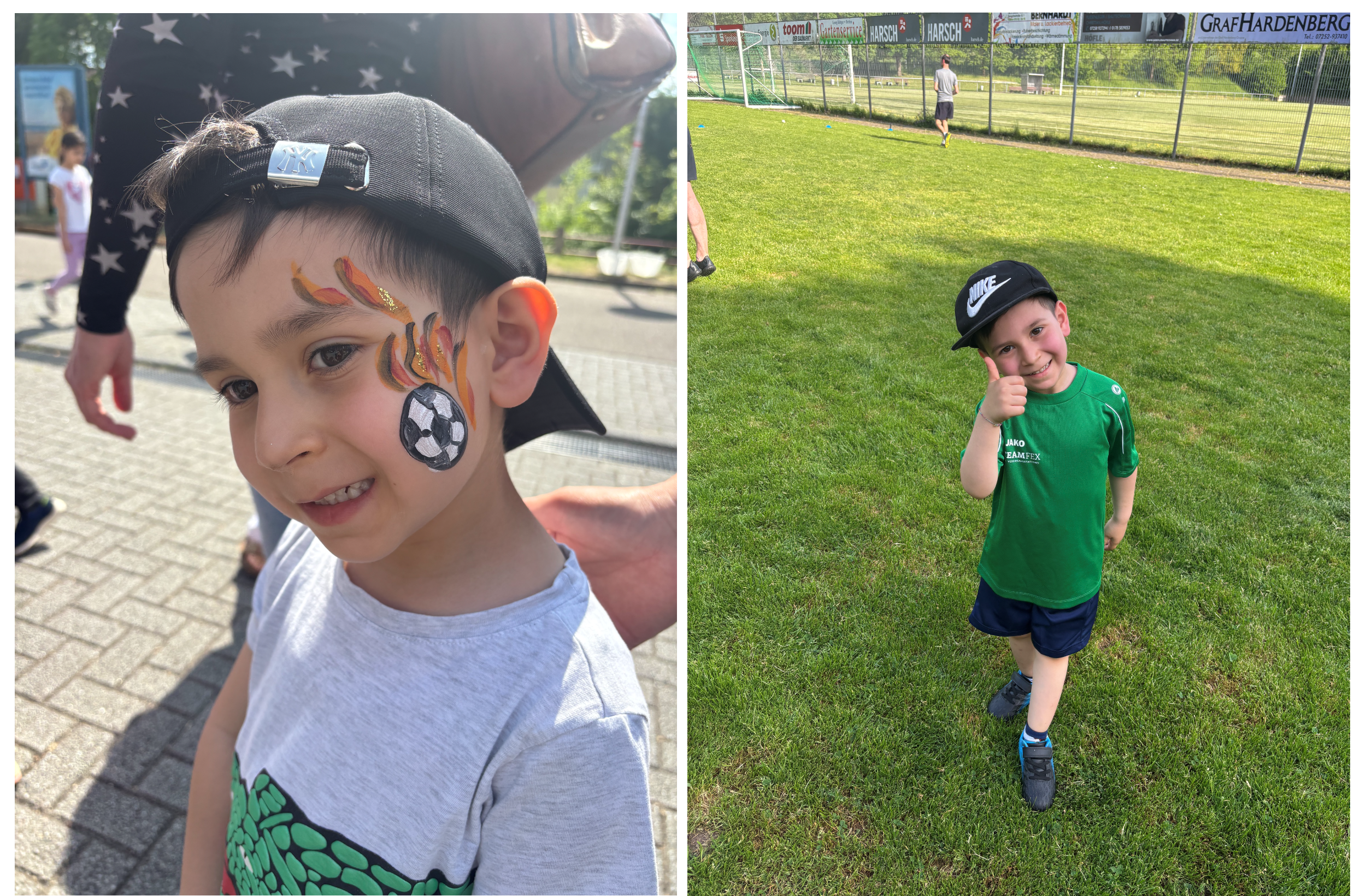 Auf dem linken Bild sieht man Eliyas mit einem Fußball Tattoo in seinem Gesicht. Auf dem rechten Bild steht Eliyas auf dem Sportplatz und lächelt in die Kamera. 