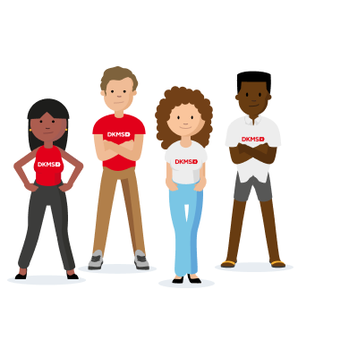 Vier gezeichnete Personen unterschiedlichen Aussehens stehen nebeneinander. Sie tragen DKMS-T-Shirts in verschiedenen Farben (rot und weiß) 