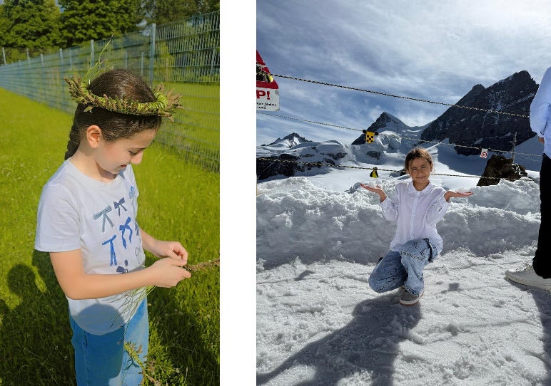Collage von Patientin Judy links auf der Wiese und rechts im Schnee