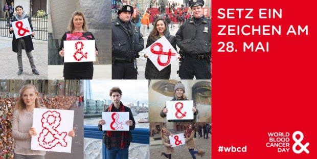 Eine Collage von Menschen mit Schildern und dem Logo des World Blood Cancer Day