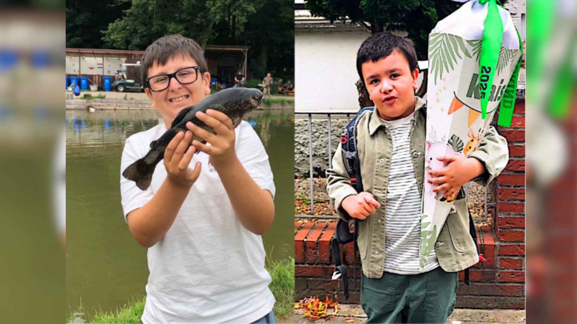 Collage zweier Fotos. Links ist ein Junge zu sehen, der einen Fisch hält. Recht ist ein Junge zu sehen, der eine Schultüte hält. 