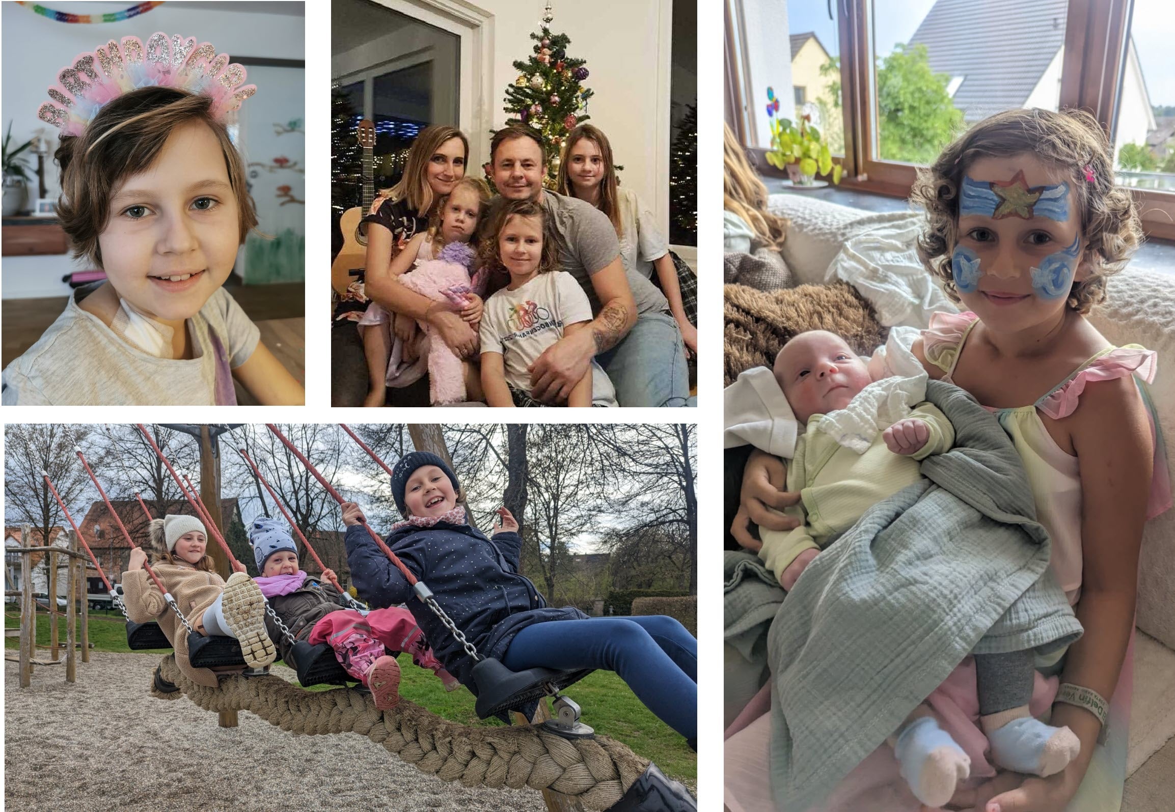 Vier Bilder von Blutkrebspatientin Raffi.
Mit Geburtstagskrone. Mit Familie vorm Weihanchtsbaum. Mit Schwestern auf einer Schaukel. Geschminkt mit ihrem Cousin auf dem Arm.
