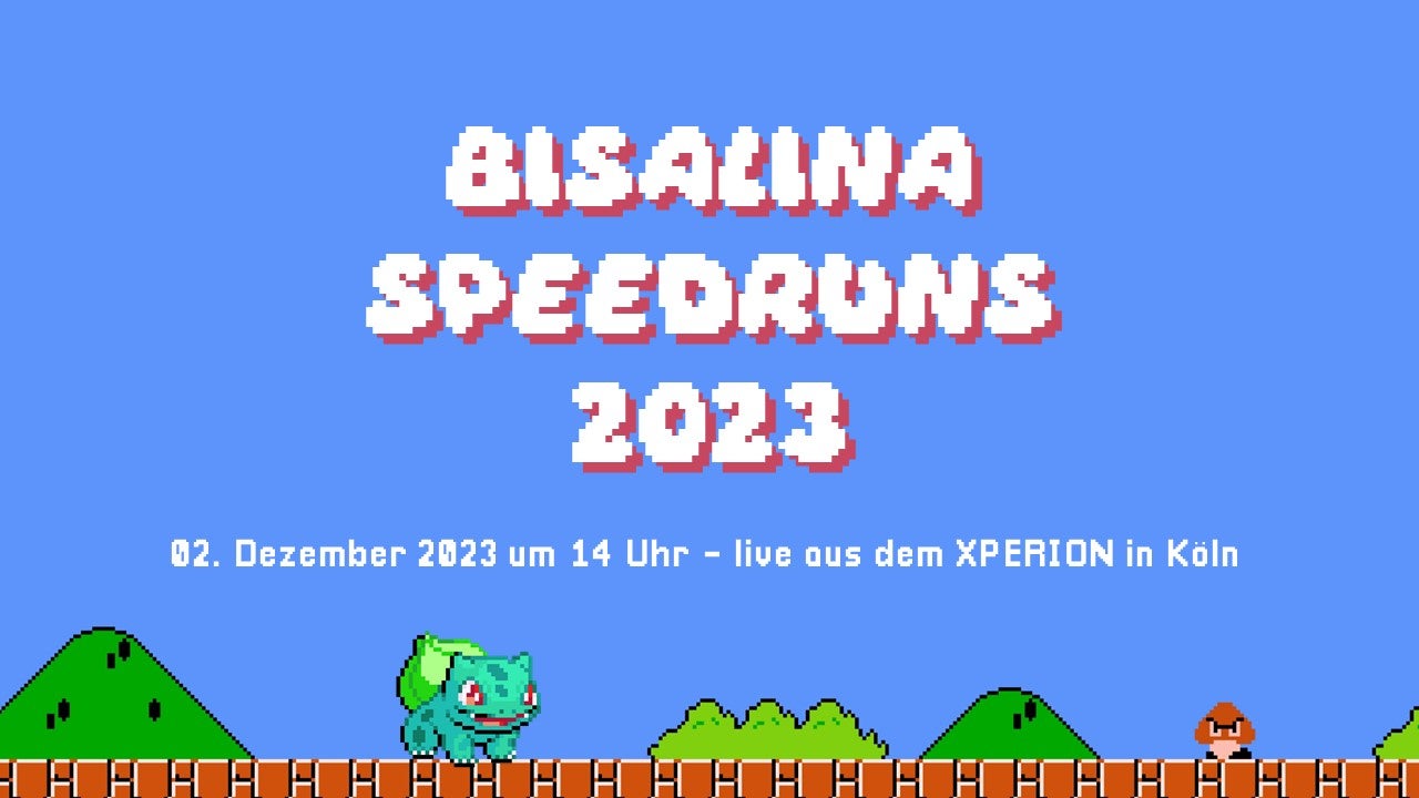 Grafik im Retro-Videospiel-Stil mit blauem Hintergrund und Pixel-Elementen aus Super Mario. In der Mitte steht in weiß-roten Blockbuchstaben „BISALINA SPEEDRUNS 2023“. Darunter: „02. Dezember 2023 um 14 Uhr – live aus dem XPERION in Köln“. Am unteren Bildrand sind eine Bulbasaur-Figur, ein Goomba, grüne Hügel und gemusterte Ziegelblöcke im typischen 8-Bit-Stil zu sehen.