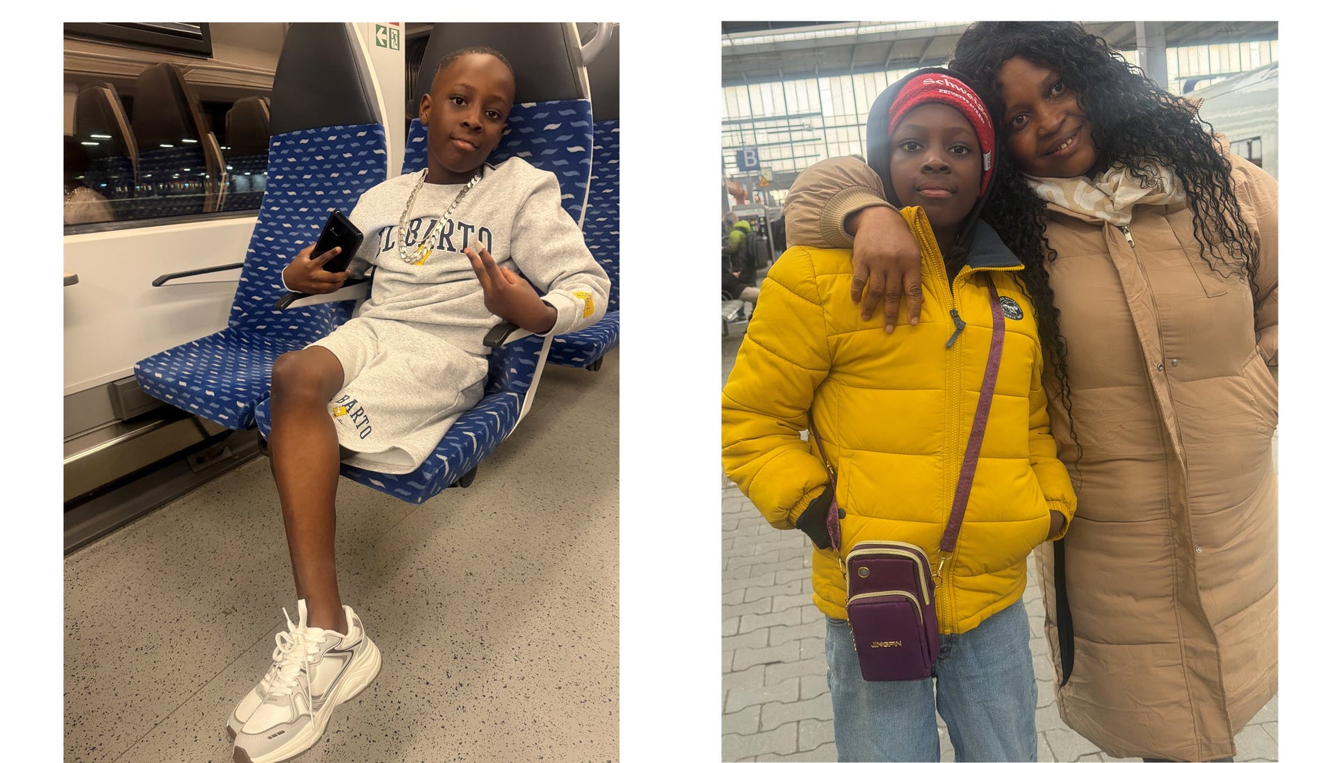Links zu sehen ist Ali in einem Zug und rechts zu sehen ist Ali mit seiner Mutter.