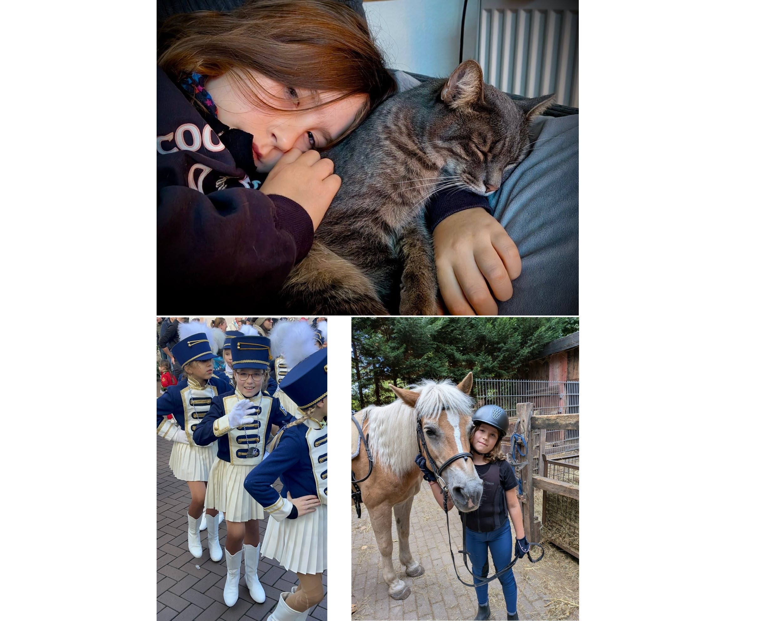 Bild oben: Ein Mädchen mit einer Katze. Bild unten links: Ein Mädchen in Uniform, lächelnd. Bild 3: Ein Mädchen mit einem Pferd.