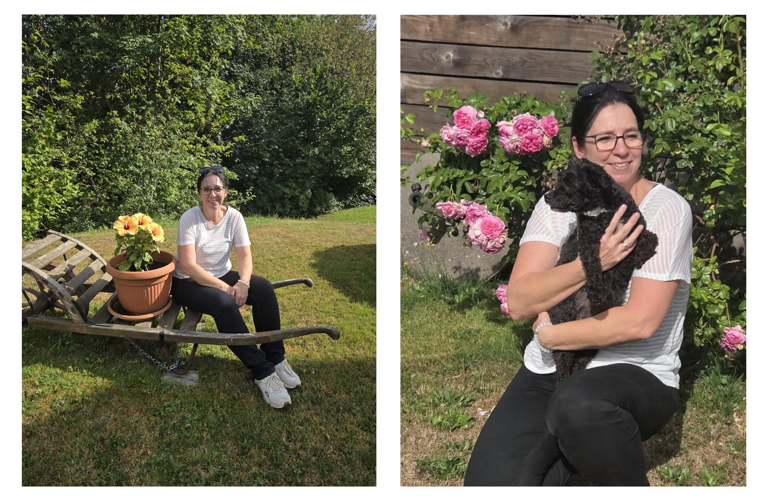 Auf dem Bild ist Katja im Garten mit ihrem Hund zu sehen. 
