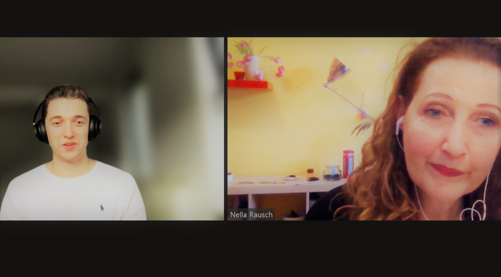 Ein Bildschirmfoto eines Videoanrufs zwischen Falk und einer Frau