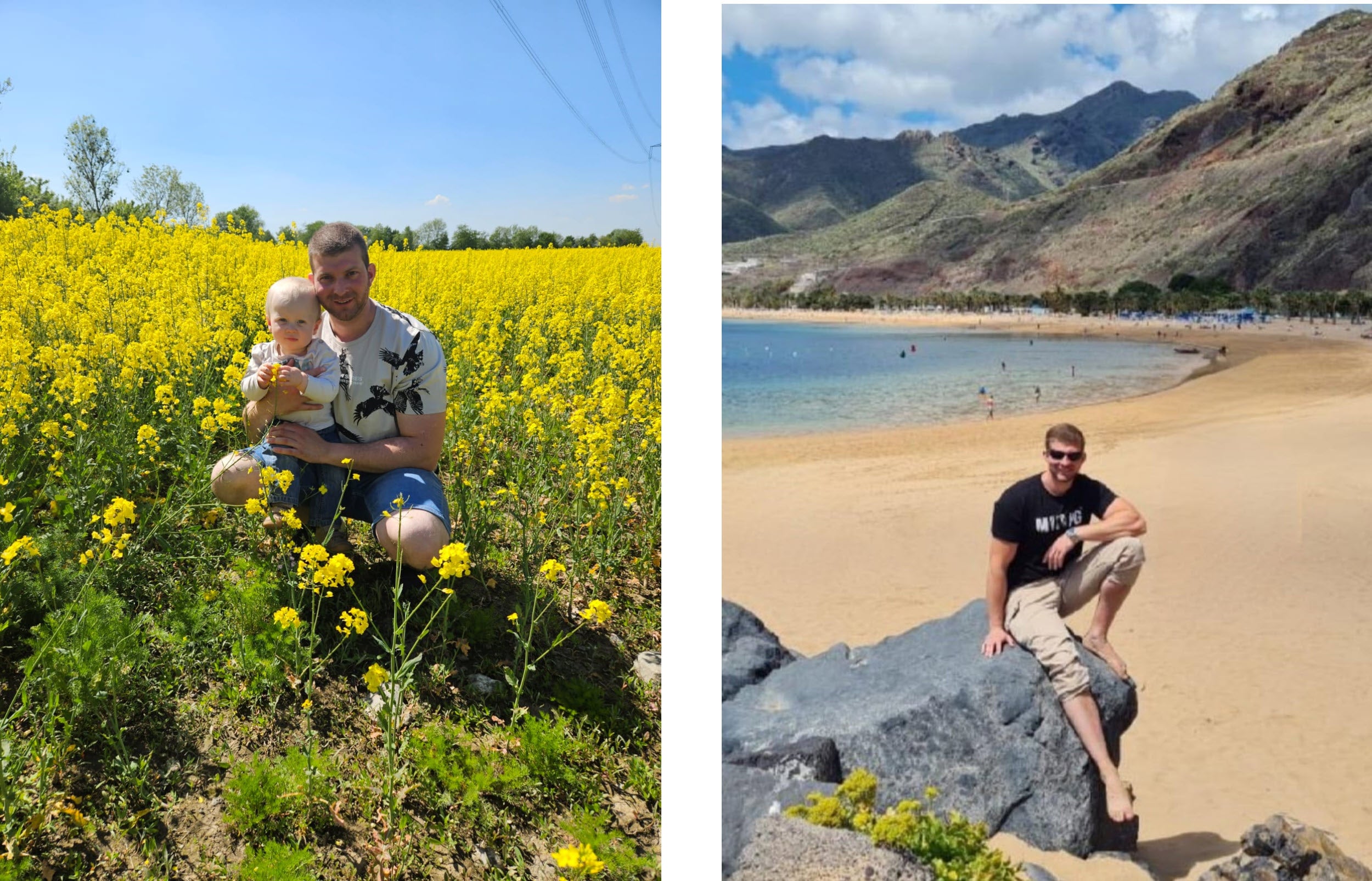 Eine Collage bestehend aus zwei Bildern. Bild 1: Ein Mann und ein Kleinkind knien in einem gelben Rapsfeld. Bild2: Ein Mann sitzt auf einem Felsen am Strand.