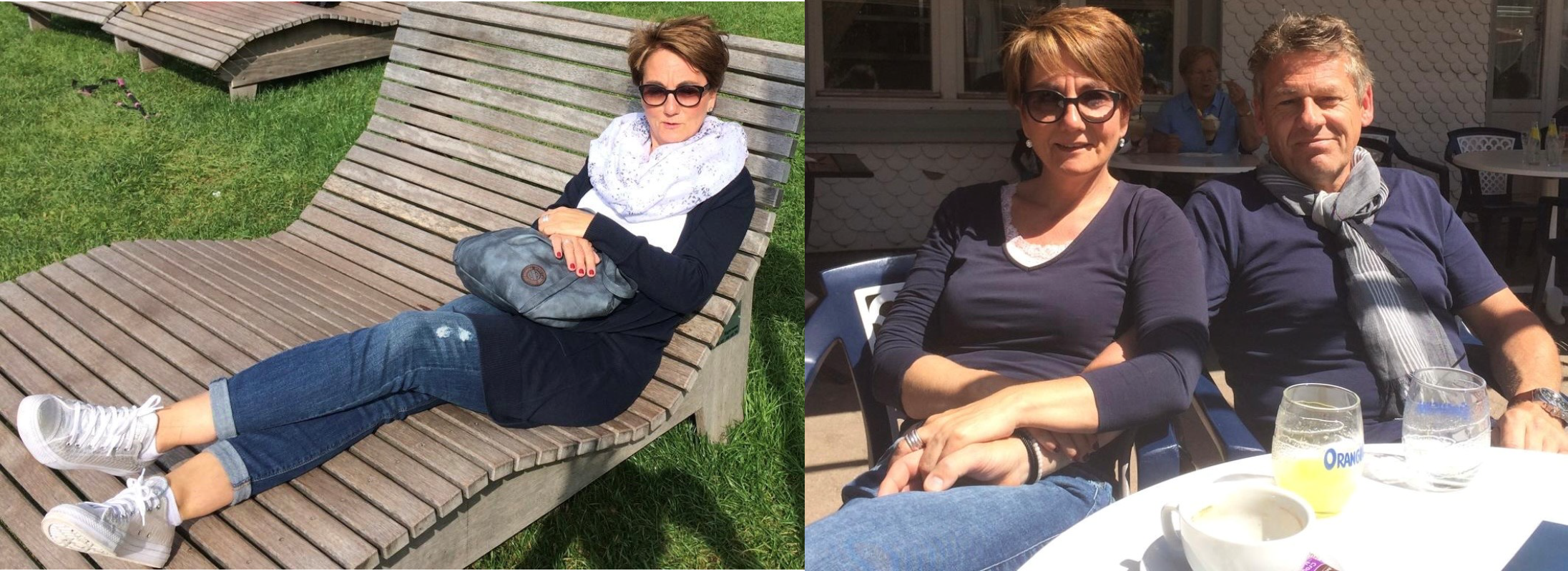 Eine Frau sitzt auf einer Liege und ein Ehepaar sitzt im Restaurant und lächelt in die Kamera 