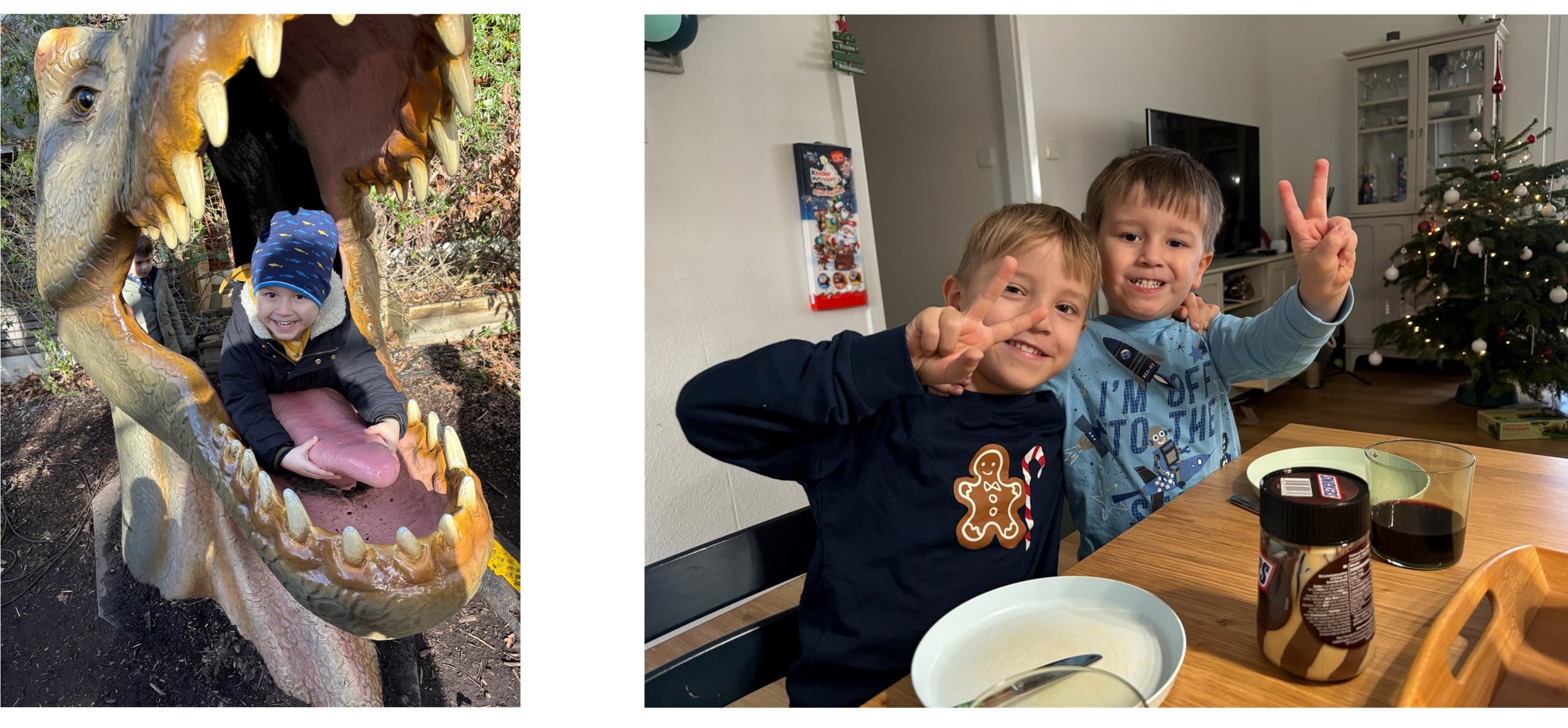 Eine Collage bestehend aus zwei Bildern. Links: ein kleiner Junge mit Mütze in einer Dinofigur. Rechts: zwei Jungs sitzen an einem Tisch und machen Peace-Zeichen mit ihren Fingern. 