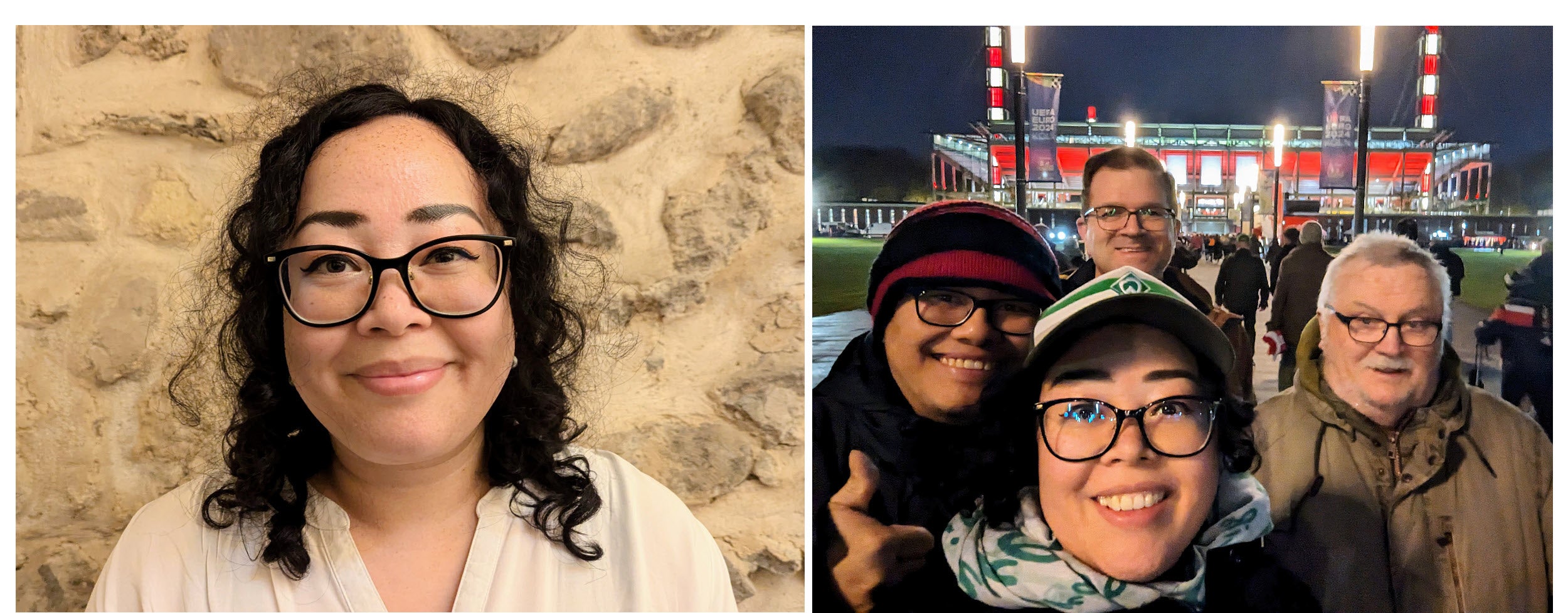 Links im Bild lächelt Christine in die Kamera und rechts ist sie zusammen mit ihrer Familie vor dem Stadion zu sehen