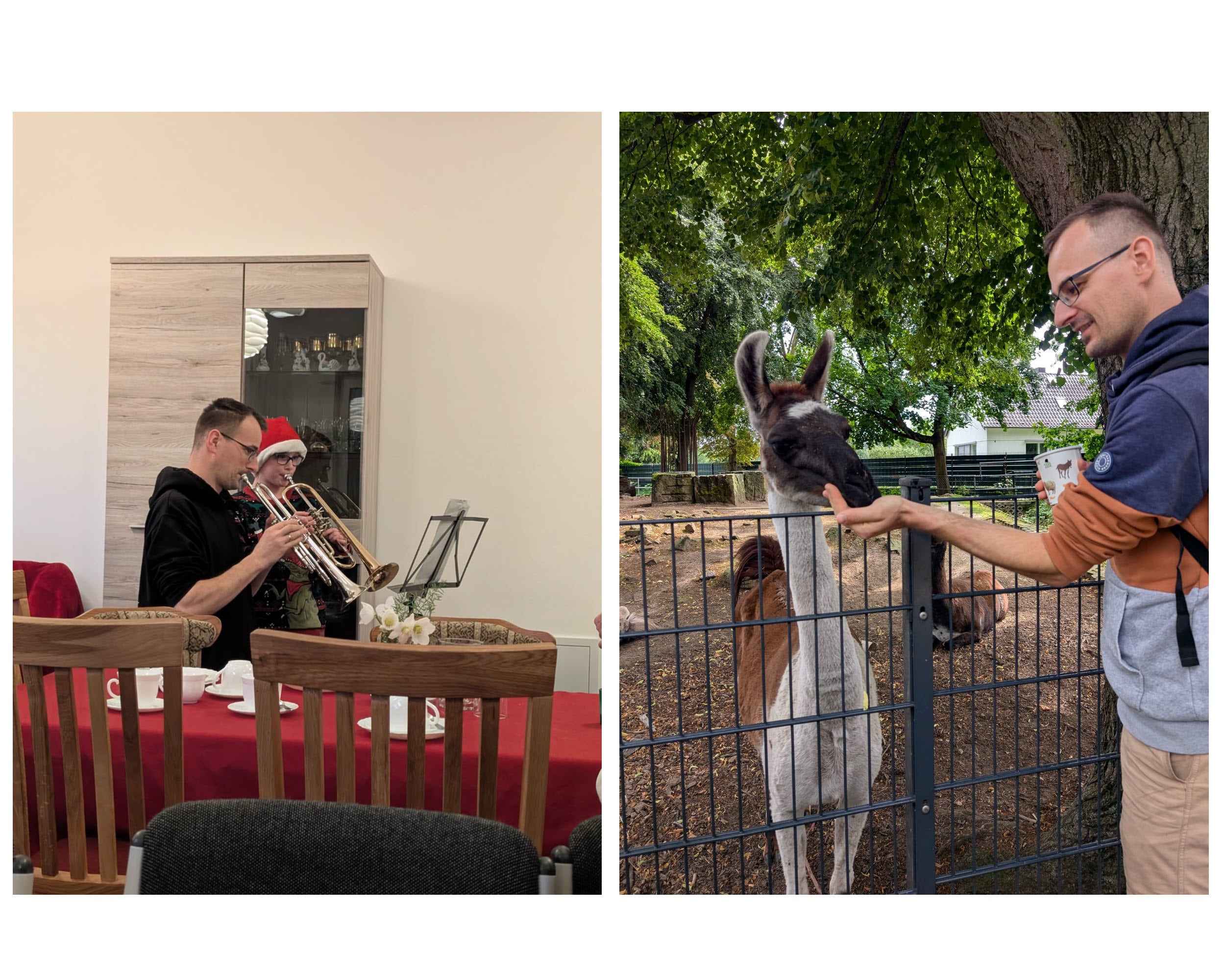 Patient Thomas, links beim Trompeten spielen und rechts im Tierpark