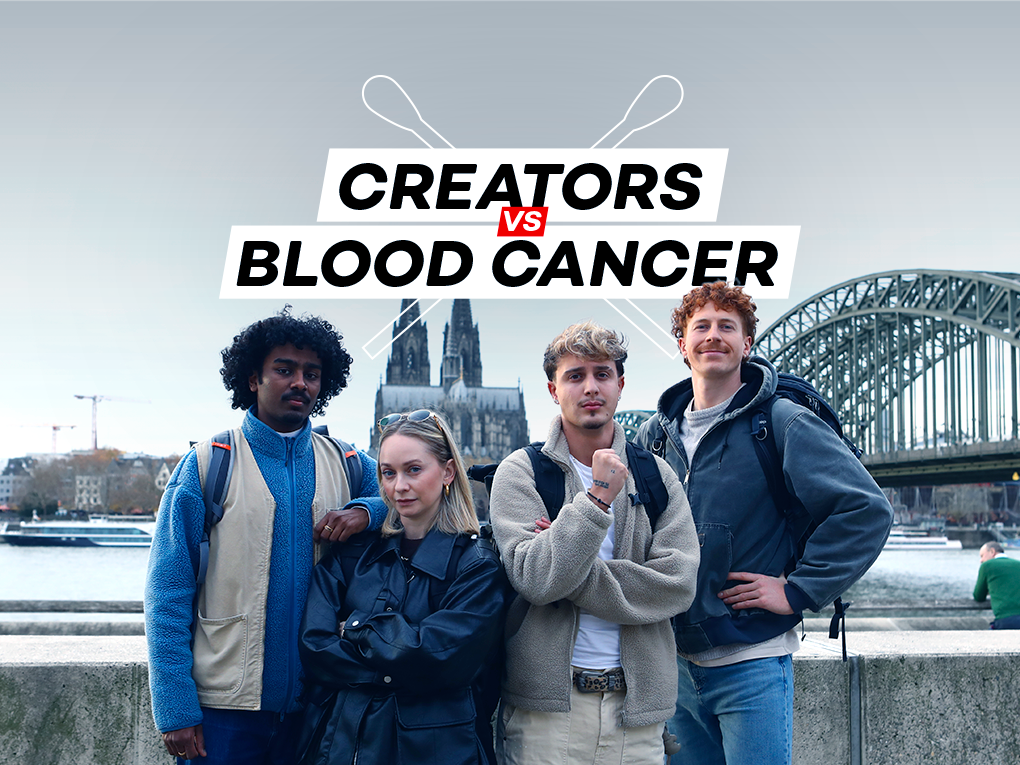 Leo, Rohit, Noah und Sonia - Creators vs Bloodcancer Teamfoto vor dem Rhein und Kölner Dom.