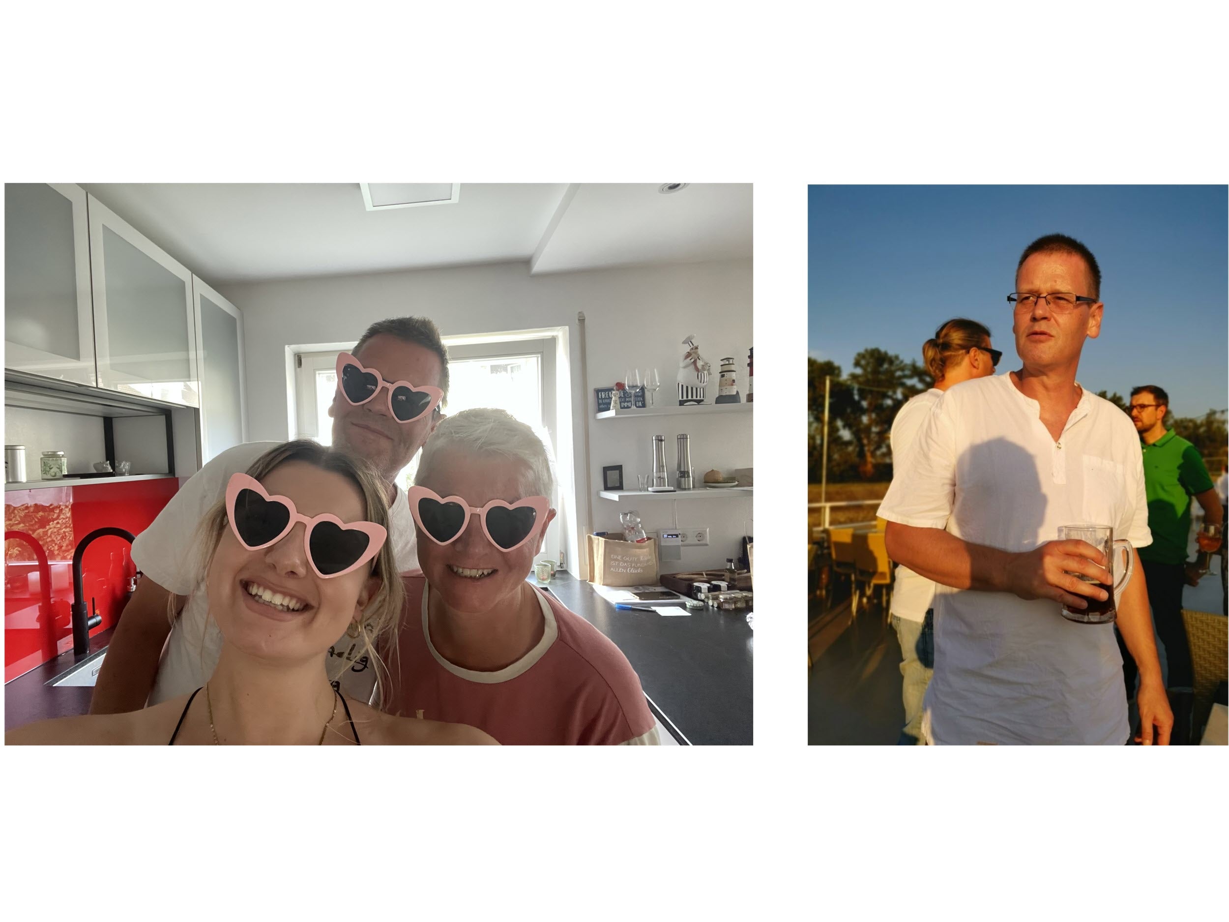 Eine Collage aus zwei Bildern. Links: Michael mit seiner Ehefrau und Tochter. Alle drei tragen Herzchen-Brillen. Rechts: Michael mit einem Glas in der Hand. Hinter ihm sind weitere Menschen zu sehen. 