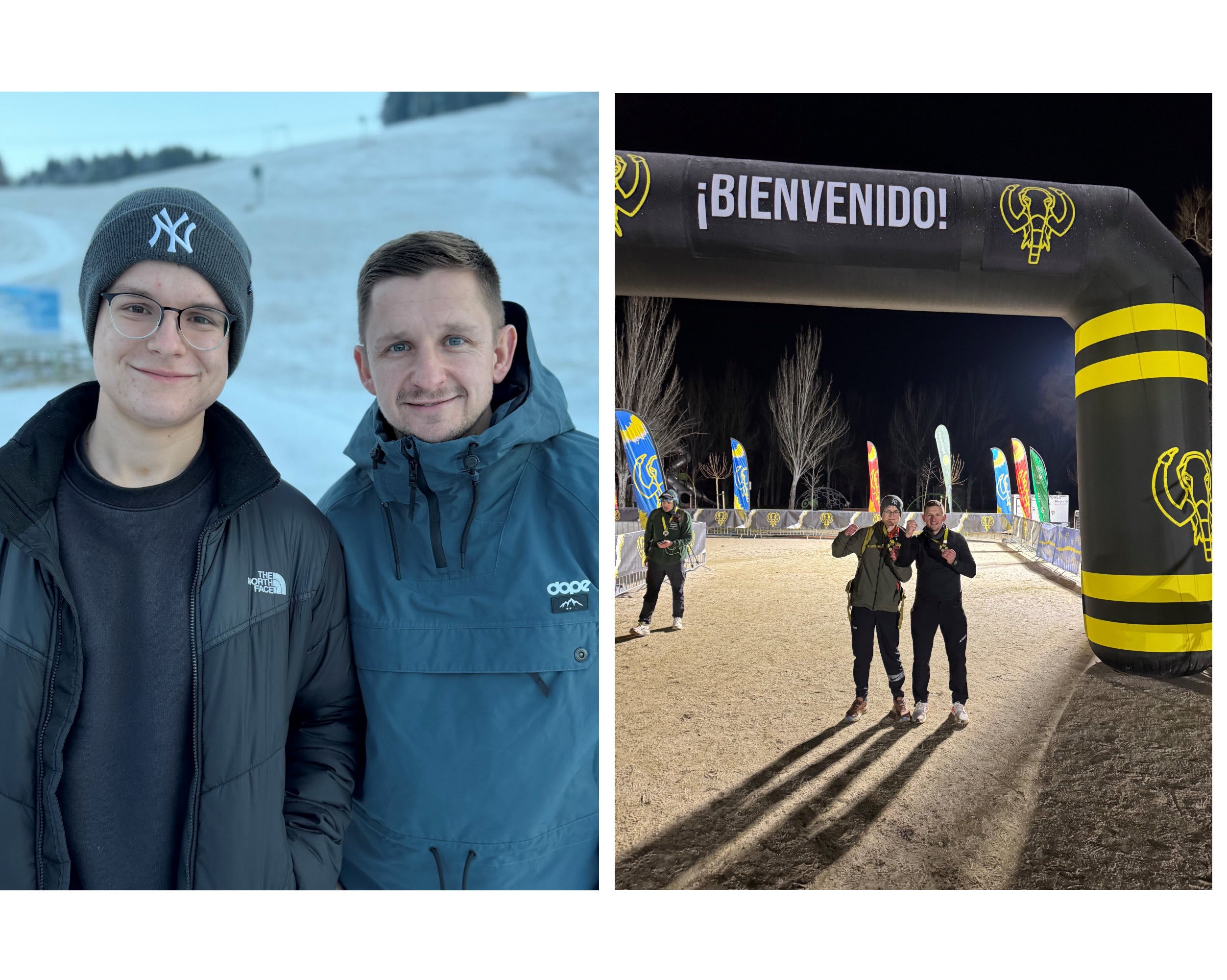 Links, zwei Menschen vor einer Schneebedeckten Landschaft und Rechts zwei Menschen unter einem Tor