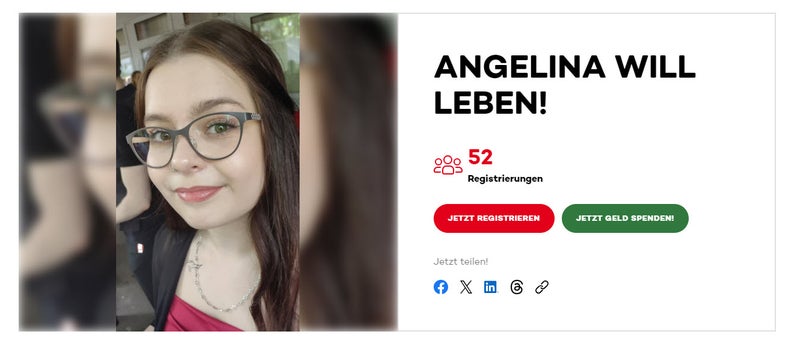 Eine Frau mit Brille und rotem Hemd, daneben der Aufruf: ANGELINA WILL LEBEN 