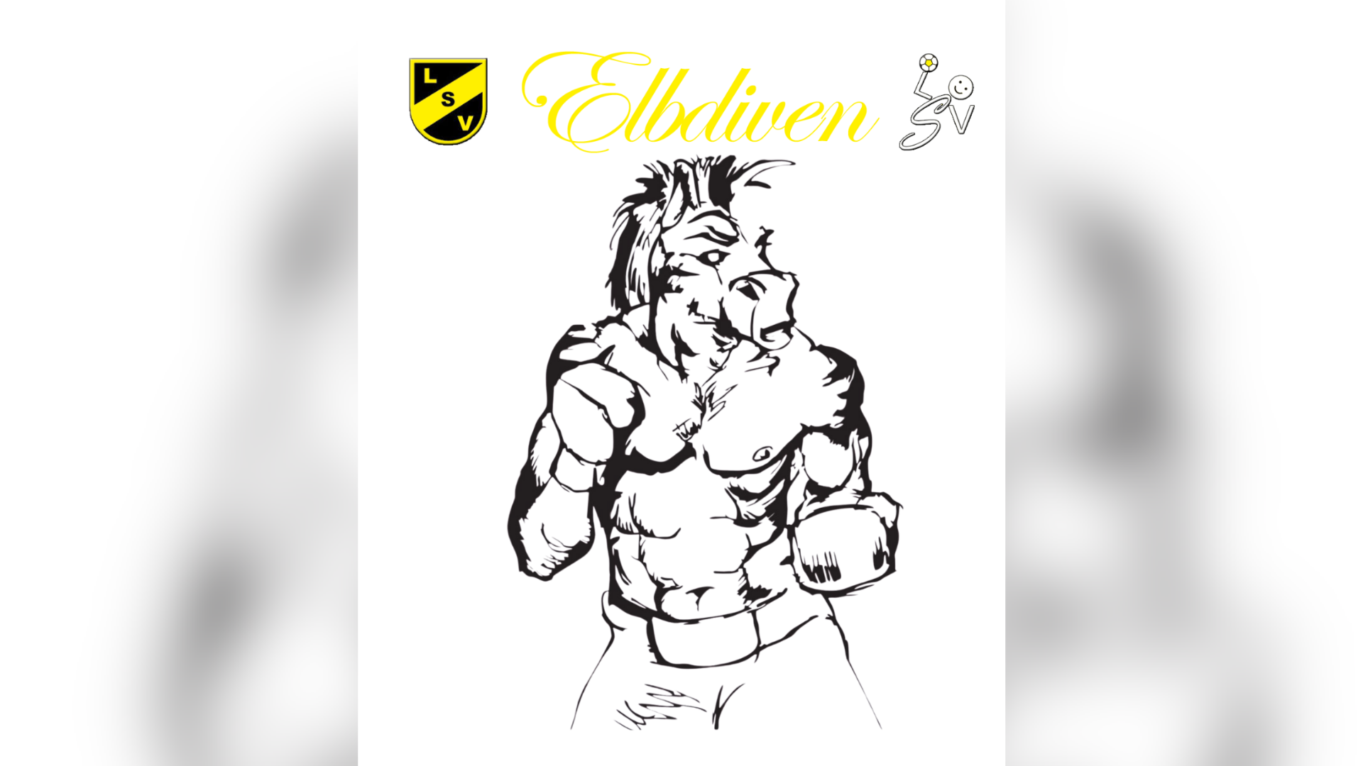 Eine Zeichnung eines Boxhandschuhe tragenden Pferdes mit der Überschrift "Elbdiven" in Kursivschrift. 