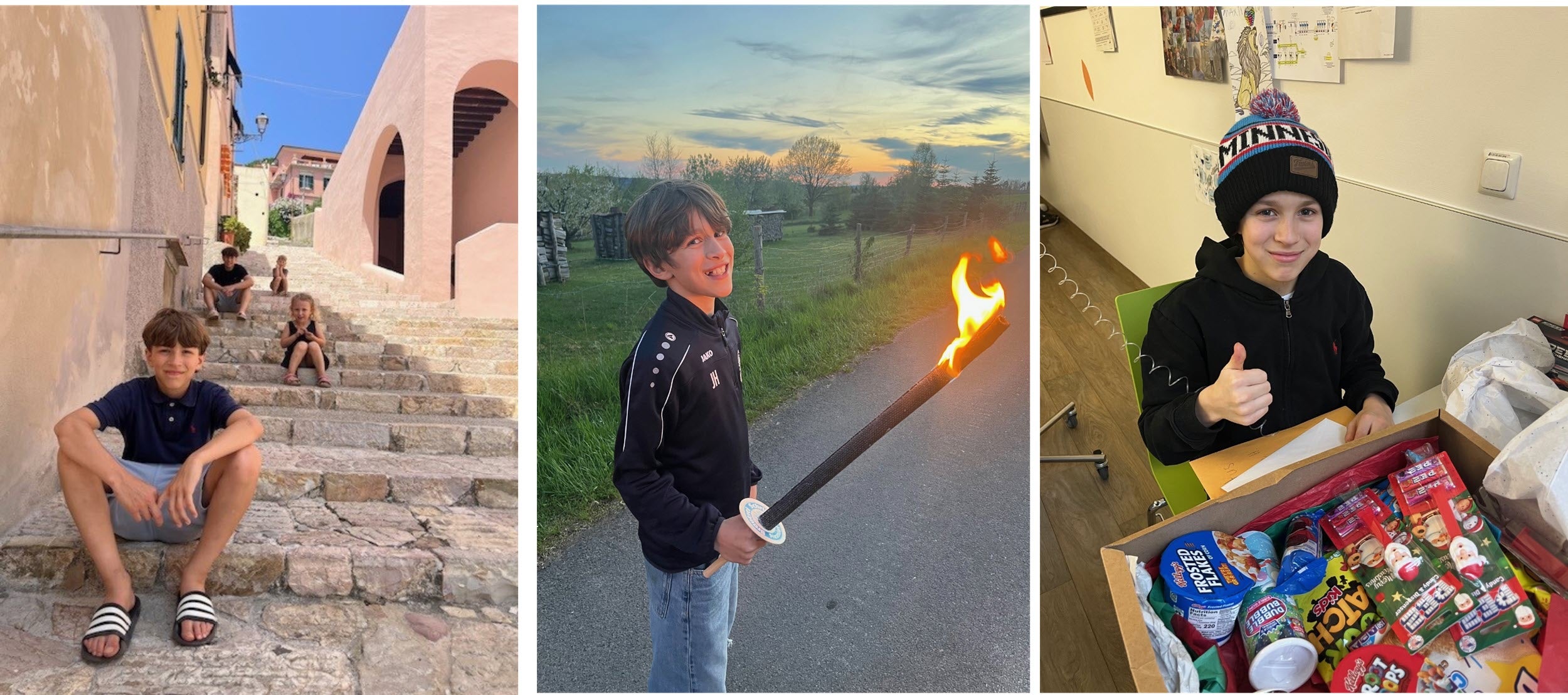 Eine Collage bestehend aus drei Bildern. Links: Mehrere Kinder sitzen auf einer Treppe zwischen zwei Gebäuden. Mitte: Ein Junge mit braunen Haaren und schwarzem Pullover hält eine Fackel. Rechts: Derselbe Junge sitzt im Krankenhaus auf einem Stuhl. Er trägt eine bunte Mutze und hält einen Daumen hoch. 