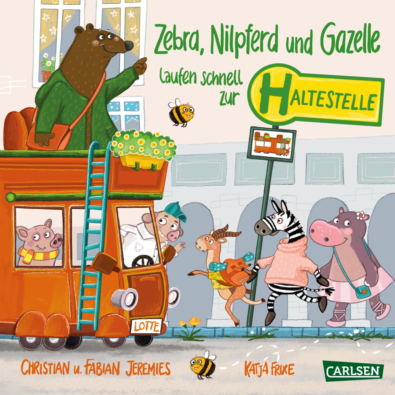 Zebra, Nilpferd und Gazelle laufen schnell zur … Haltestelle!