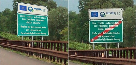 Die fixen Schilder, welche am Rande der Fahrbahn angebracht wurden, weisen die Benutzer der A22 auf Beginn und Ende der Teststrecke und dynamische Geschwindigkeitsregelung hin (Foto: Umweltagentur Bozen)