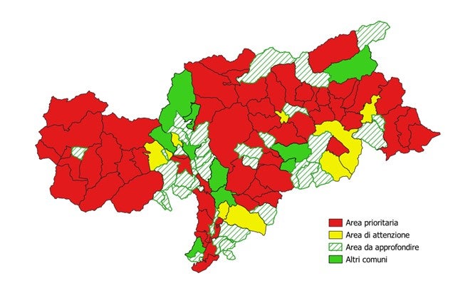 Aree prioritarie radon 2026 (Fonte: Agenzia provinciale per l'ambiente e la tutela del clima)