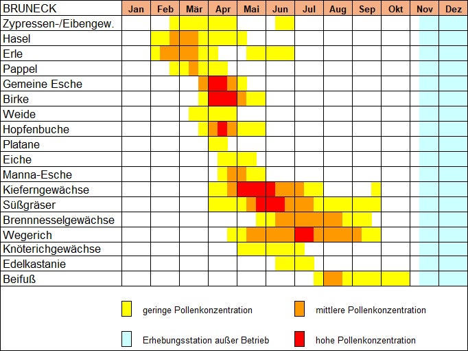 Pollenflugkalender Bruneck (2016-2025) (Quelle: Landesagentur für Umwelt und Klimaschutz)