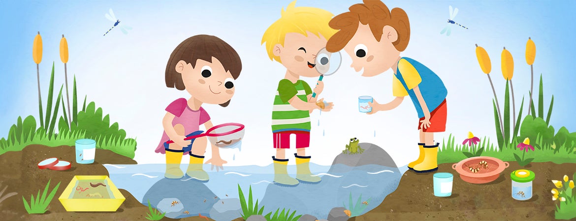 Schülerinnen und Schüler auf Entdeckung benthischer Kleinlebewesen (© Carmen Eisendle Illustration Surface Design)