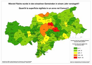 Versiegelte Fläche in den einzelnen Gemeinden in einem Jahr (Quelle: ISPRA)
