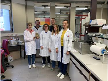 Il Premio Arne Andersson 2023 al Laboratorio Analisi acque e cromatografia: da sinistra Fiorenza Fogale, Helmuth Pertner, Verena Unterholzner, il direttore Christian Bachmann, Francesca Ambonati e Veronika Canins (Foto Appa Bolzano)