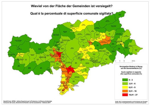 La percentuale di superficie comunale sigillata (Fonte: ISPRA)