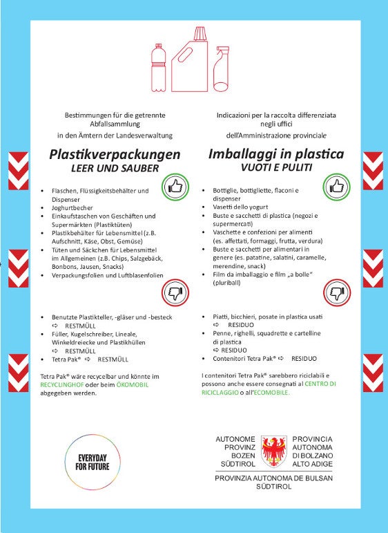 Flyer für PLASTIKVERPACKUNGEN, Landesämter in der Gemeinde Bozen und Leifers