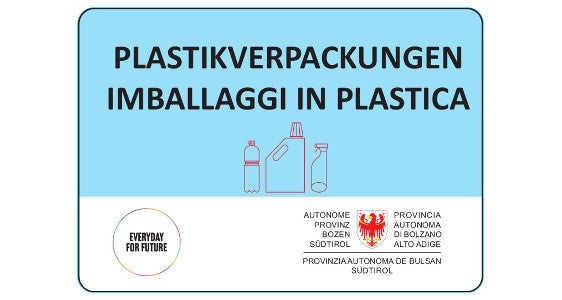 Blaues Etikett „Plastikverpackungen“ (mit SEAB-Piktogramm), Landesämter in der Gemeinde Bozen und Leifers