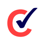 blue tick inside a red semi-circle