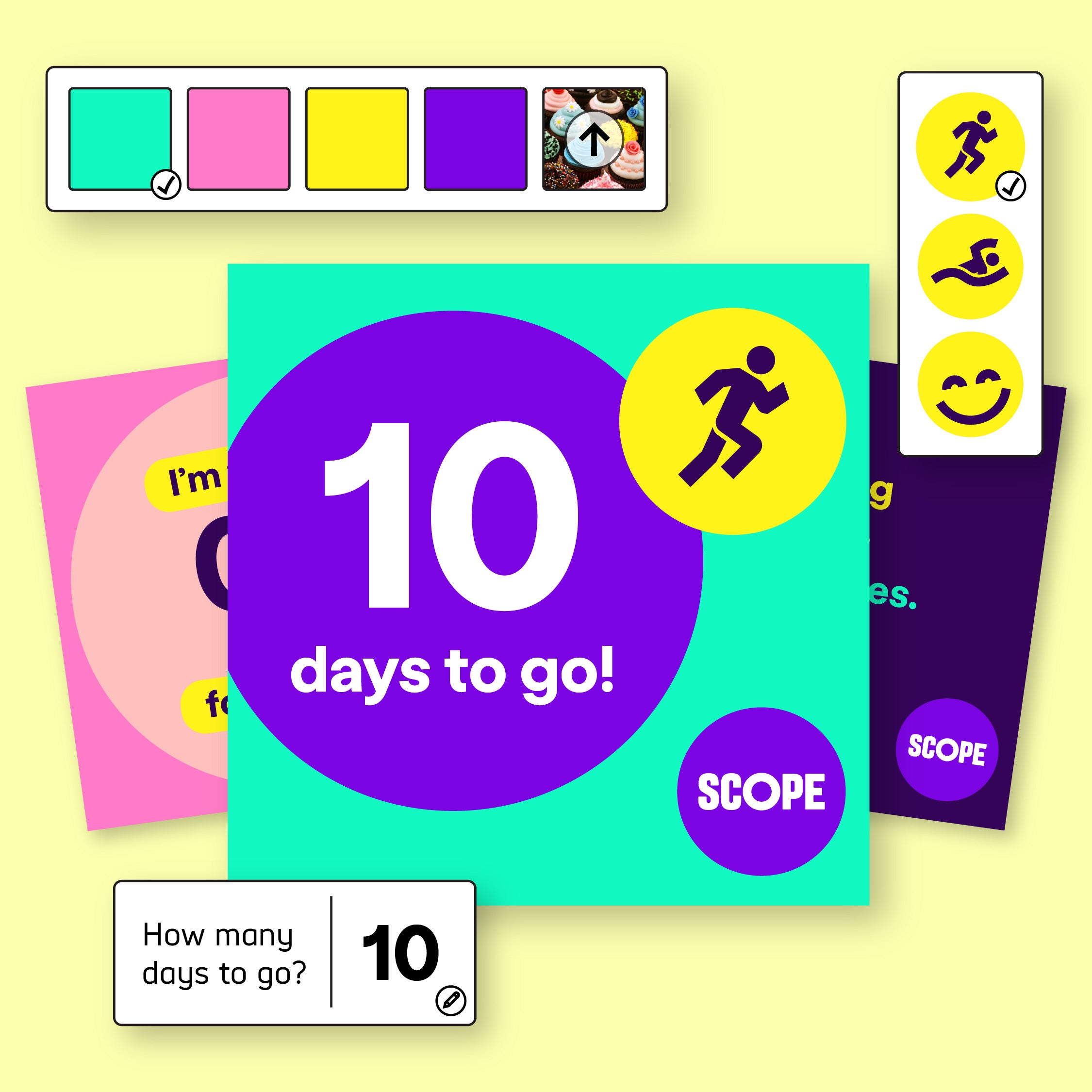 Montage of Scope fundraising materials including a 10 days to go social media graphic, colourful bunting, and event stickers