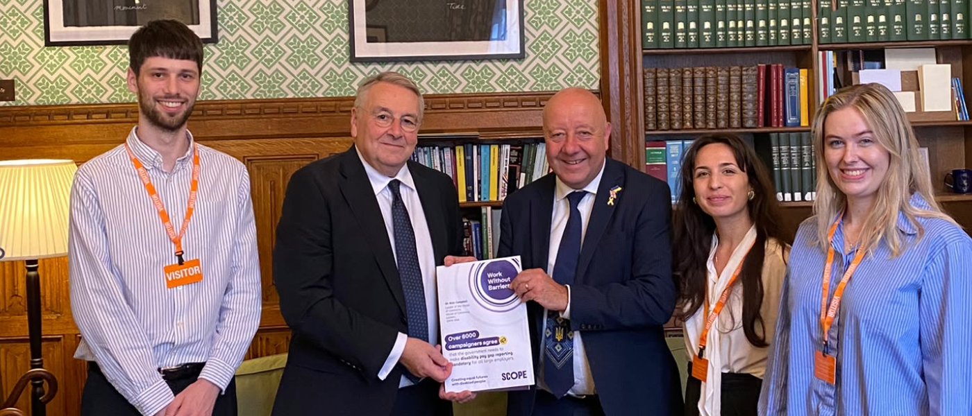 Scope representatives hand the Work Without Barriers campaign letter to the Leader of the House of Commons.