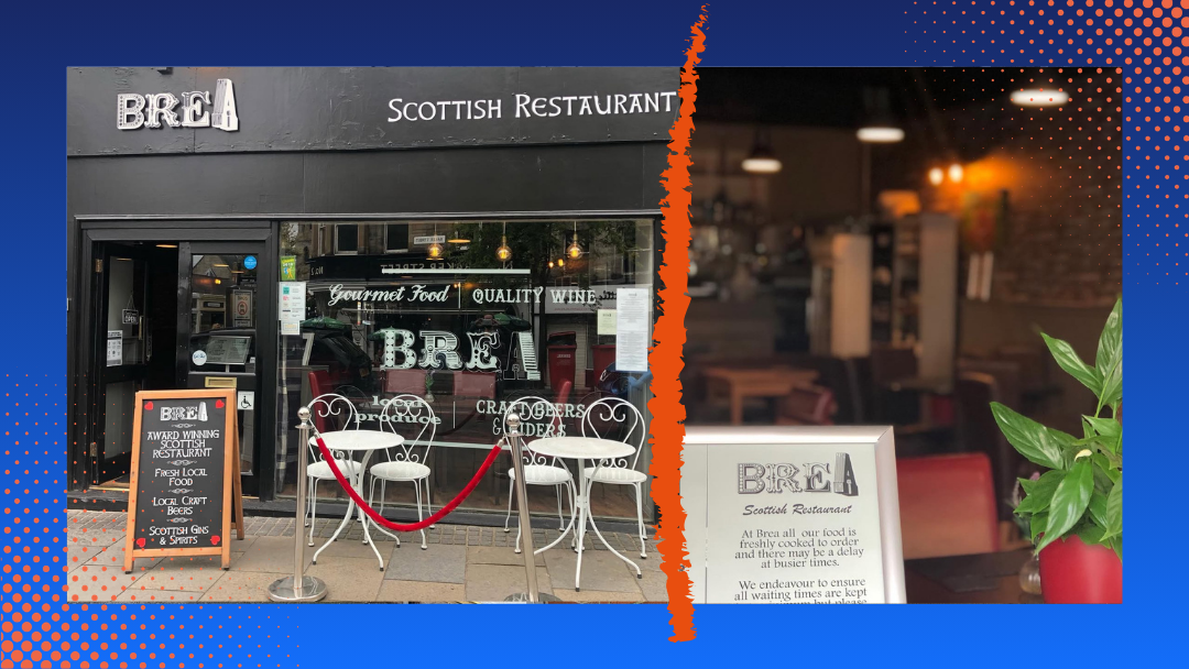 The exterior and interior of BREA Scottish restaurant.