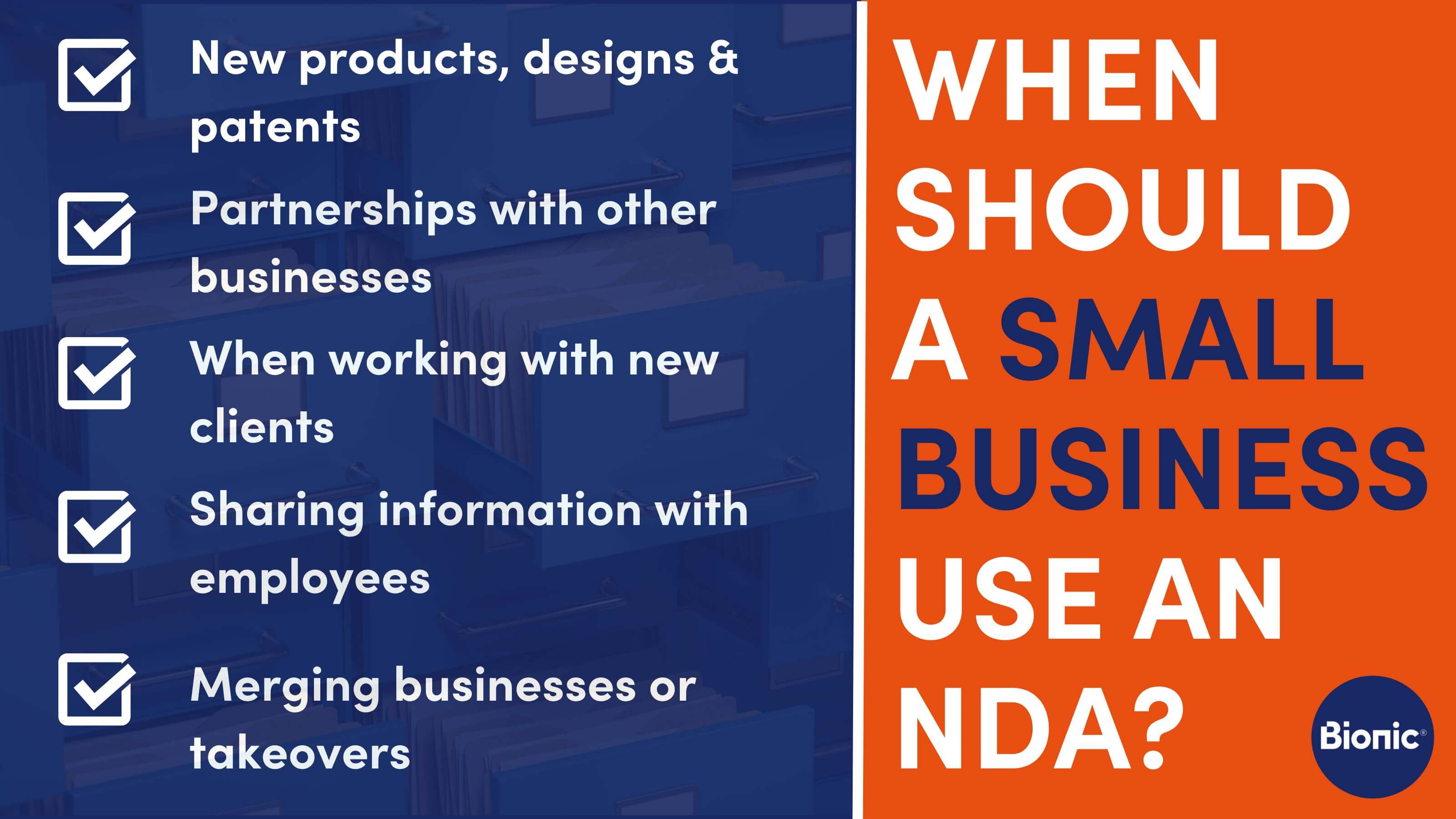 Bionic branded infographic with text 'Should a small business use an NDA?' with bullet points on how they should use one.