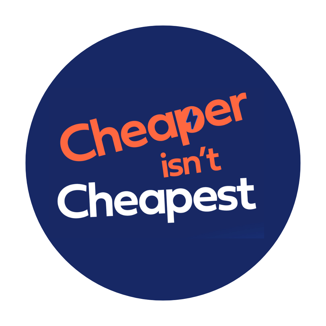 Blue circle with orange text thats says "Cheaper isn't" and white text below that says "Cheapest"