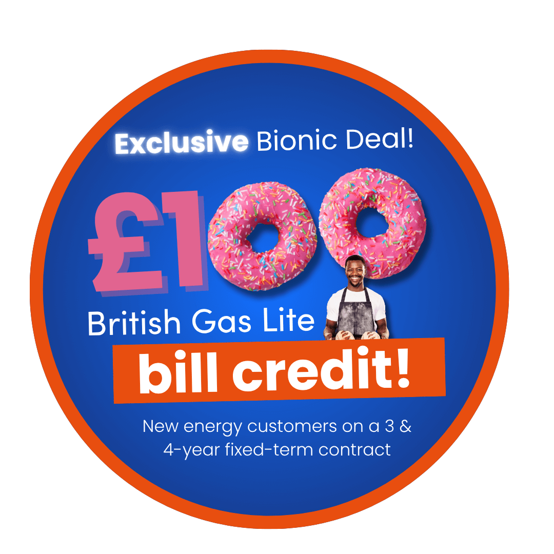 A man smiling in a blue circle with a donut and text about £100 bill credit offer from Bionic