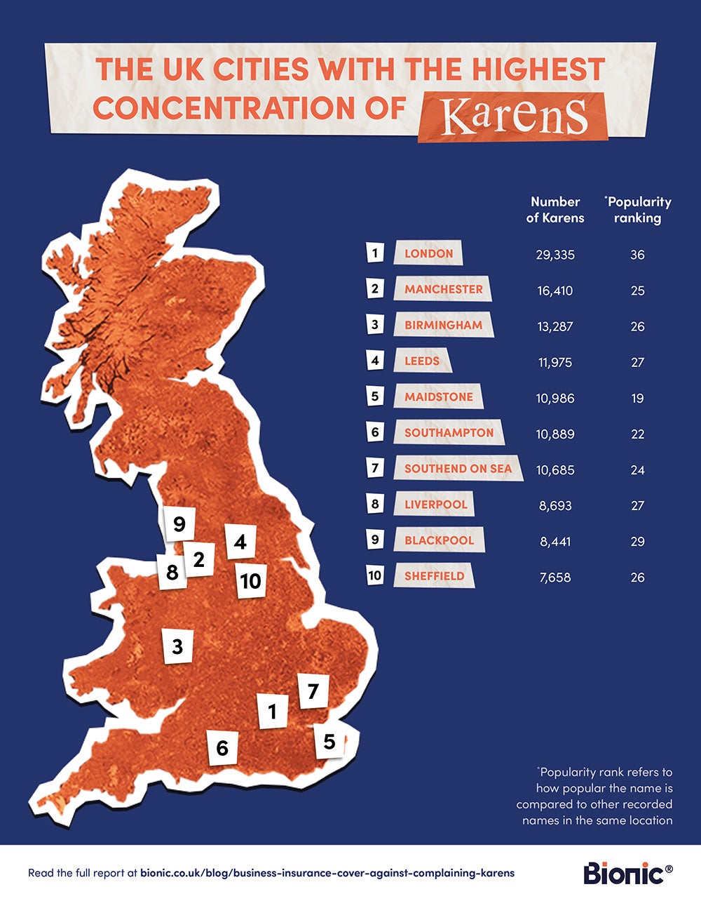 Map of the UK showing the regions with the most number of Karens who complain