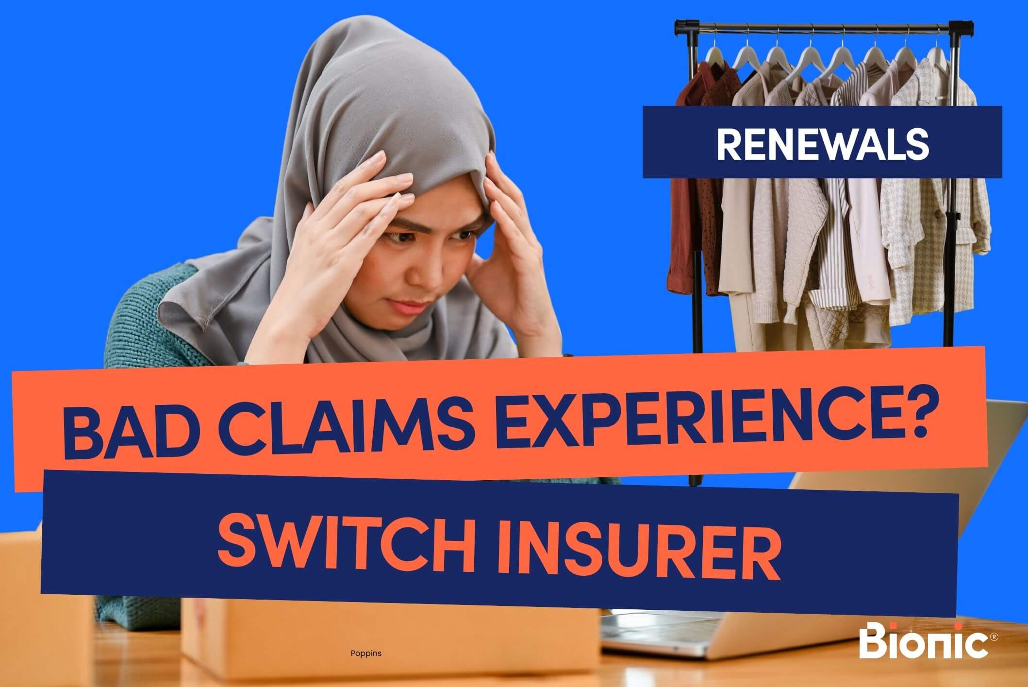 Bionic branded graphic with the text 'bad claims experience? Switch insurer' in the renewals content hub In the background you see a clothes rail and in the forefront you see a woman sat down with her heads in her hands looking at an open laptop.