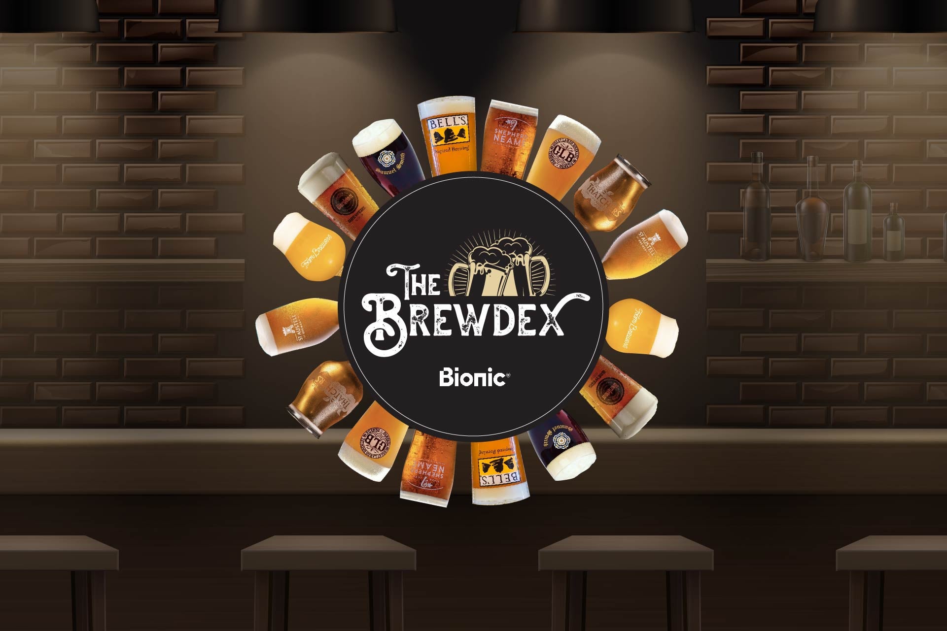 Different pints of beers set around a beer mat that says The Brewdex - Bionic