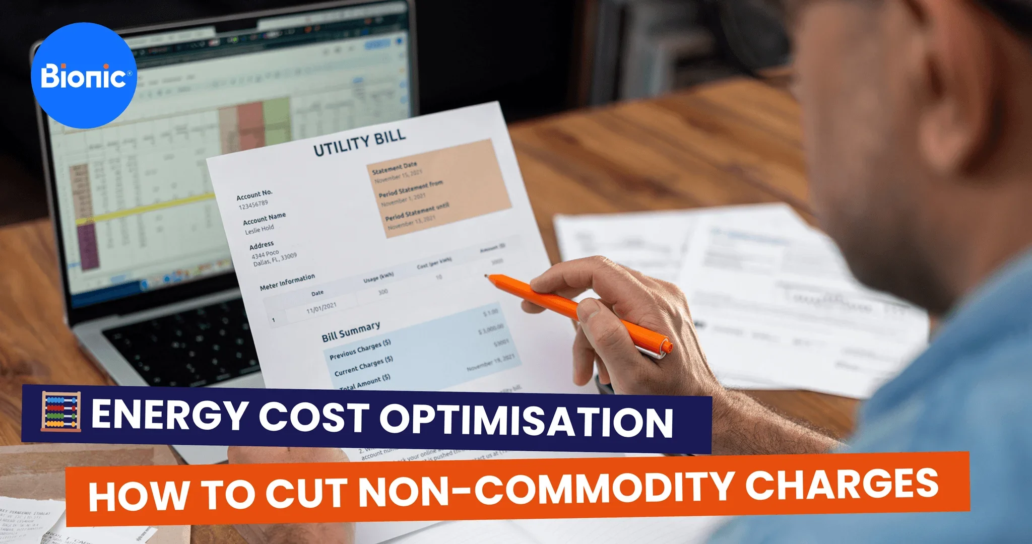 Business owner checks his utility bill in front of a laptop in his office. The caption reads: Energy cost optimisation guide: how to cut non‑commodity charges