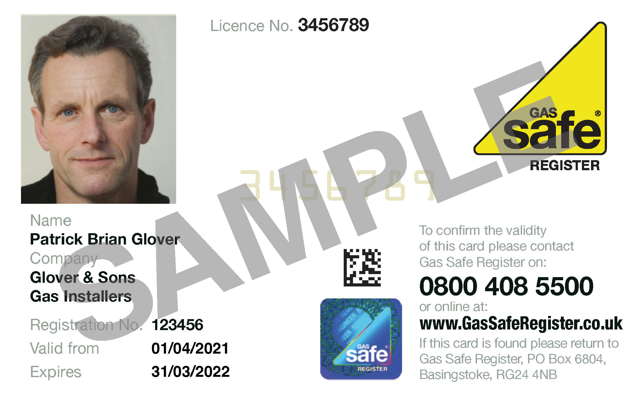 Example of the front of a Gas Safe ID card.