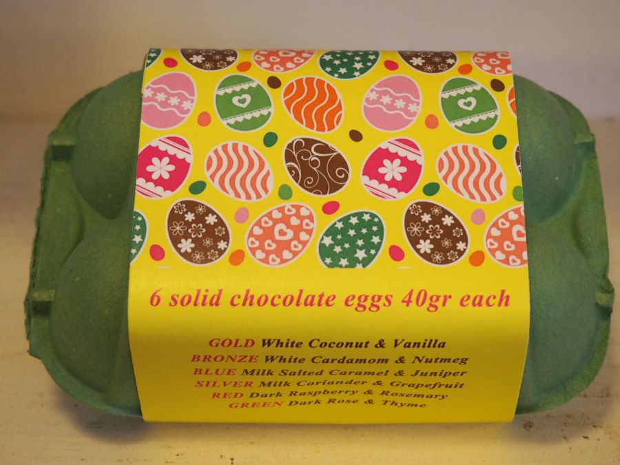 Six chocolate eggs in assorted flavours ready for Easter 