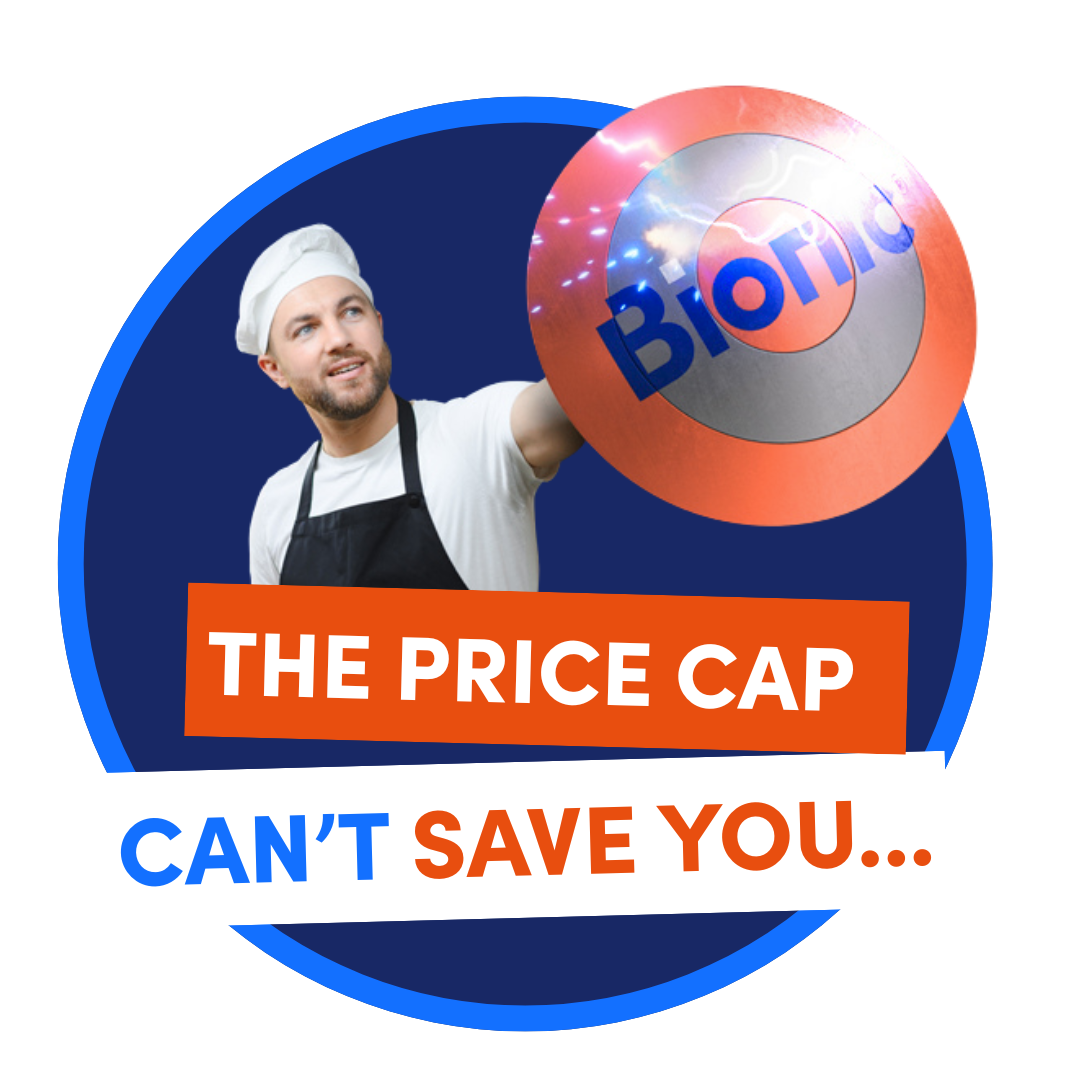The price cap can't save you text. Chef holding a bionic shield against energy bolt.