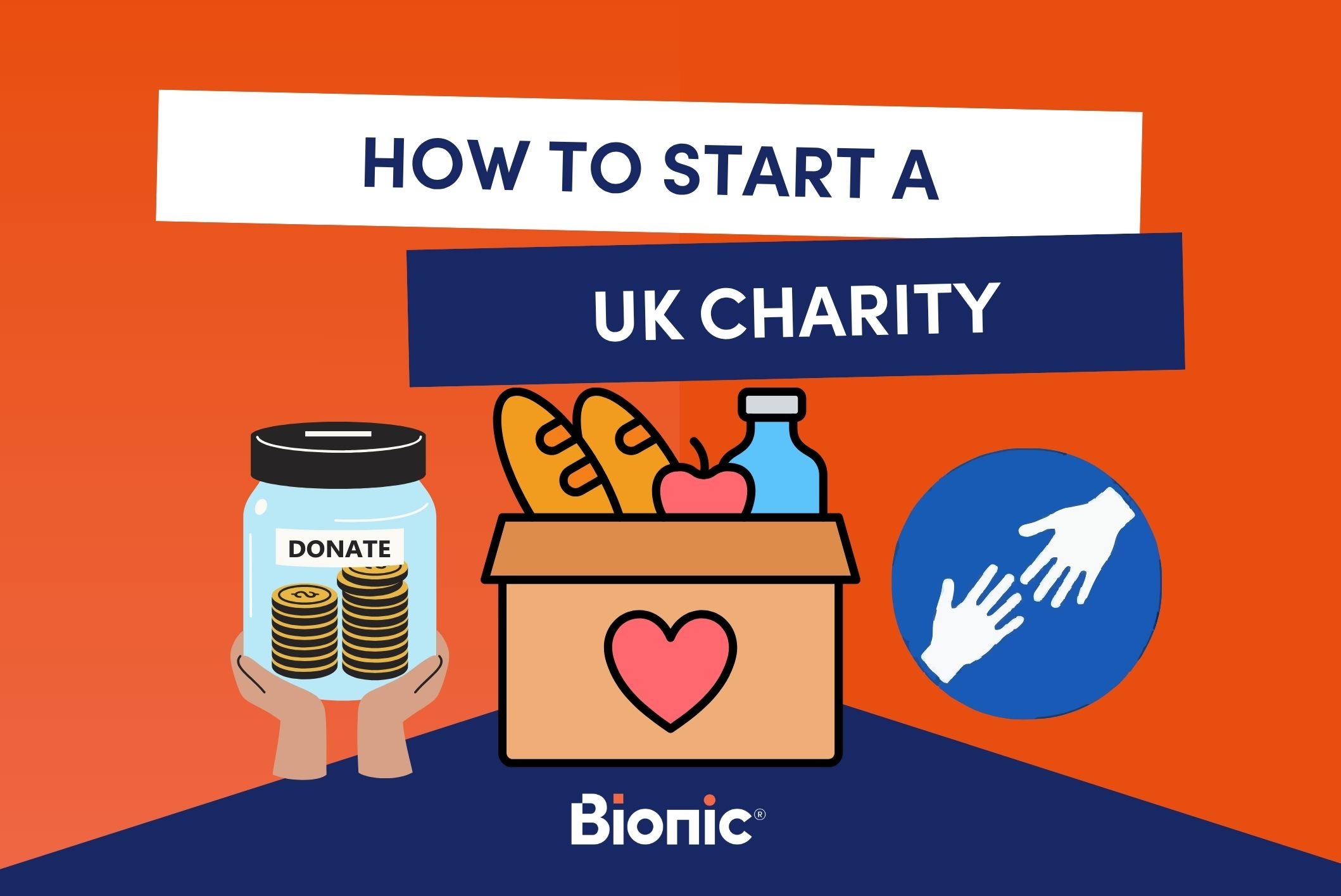 Bionic branded image with text 'how to start a charity' with graphics of donation items and money.