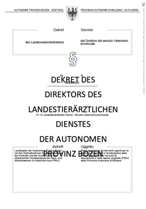 Dekret des Landesveterinärdirektors vom 23.03.2020 Nr. 4903/2020