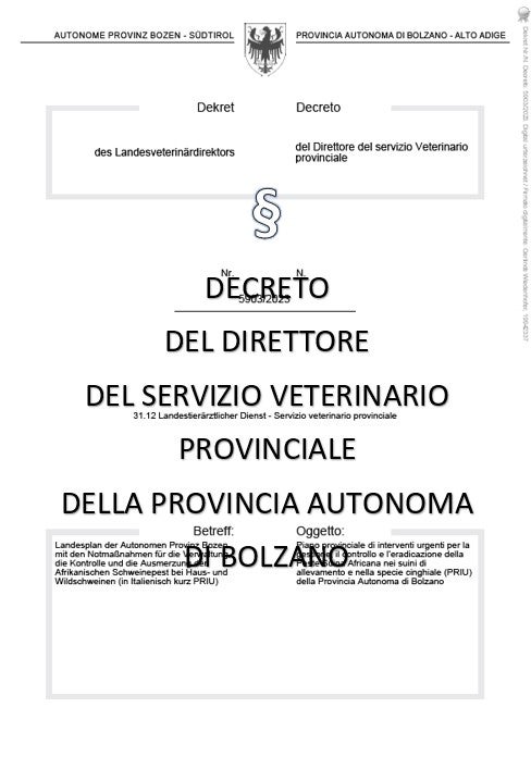 Decreto del Direttore del Servizio veterinario provinciale del 23.03.2020 n. 4903/2020