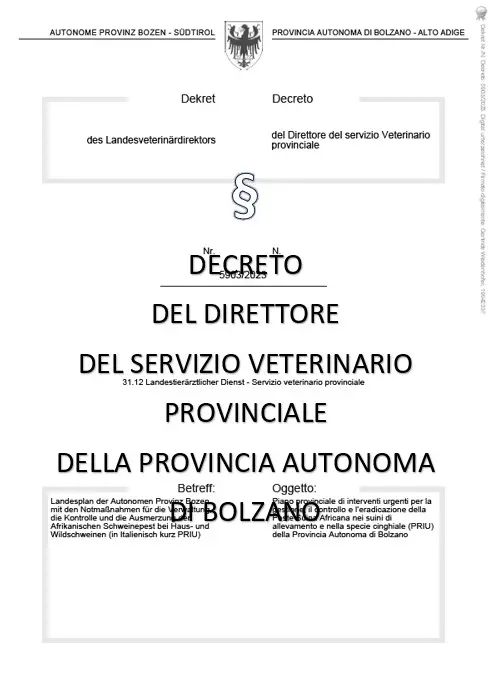 Decreto del Direttore del Servizio veterinario provinciale del 19.12.2025 n. 23342/2025